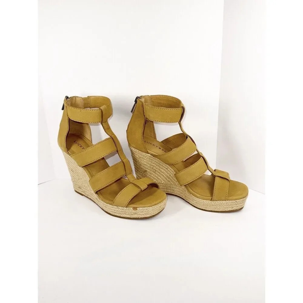 Lucky‎ Brand Strappy Wedge Espadrille Platform Boho Tan Leather Gladiator 8/38 - Picture 5 of 16